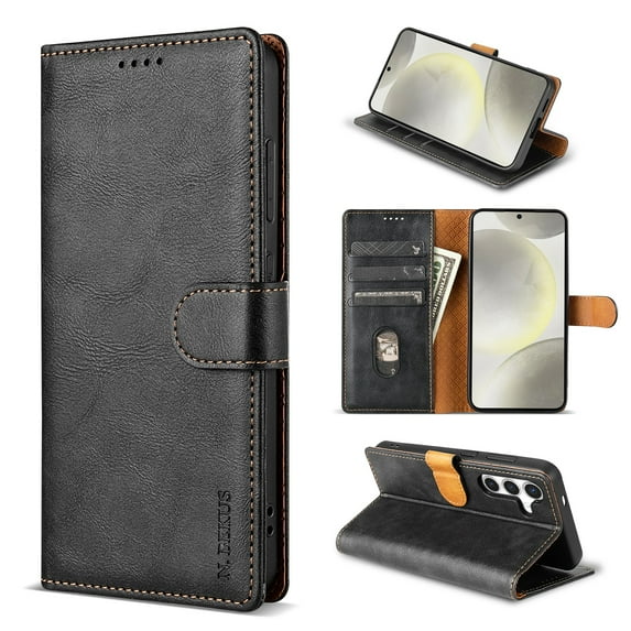 ELEHOLD Case for Samsung Galaxy A15, Shockproof PU Leather Wallet Case with Credit Card Holder Kickstand,Black