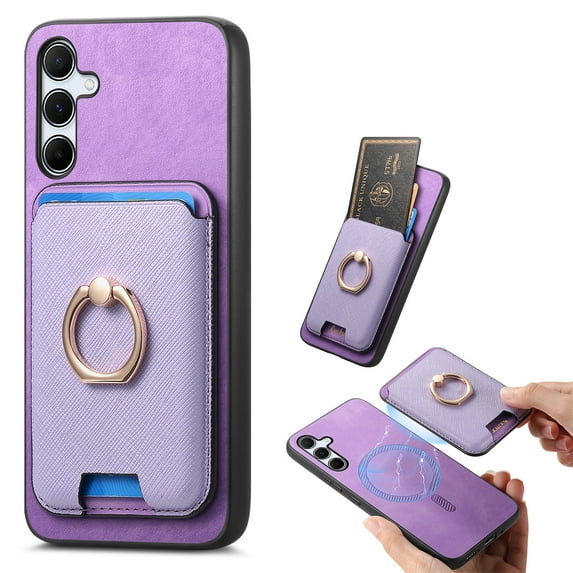 ELEHOLD Case for Samsung Galaxy A15, Slim Magnetic Wallet Case with Ring Stand Credit Card Holder,Purple