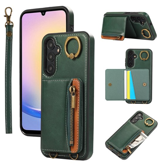 ELEHOLD Case for Samsung Galaxy A15, Zipper Leather Wallet Case with Card Holder Stand,Green