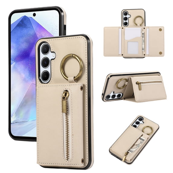 ELEHOLD Case for Samsung Galaxy A15, Zipper Leather Wallet Crossbody Case with Detachable Ring Kickstand & Card SlotsBeige