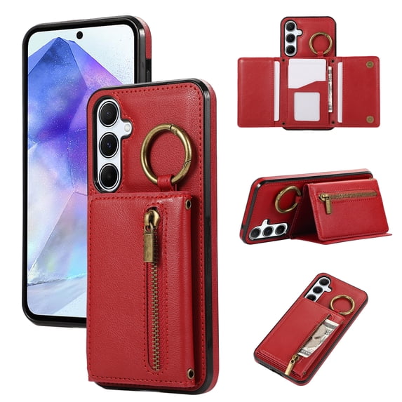 ELEHOLD Case for Samsung Galaxy A15, Zipper Leather Wallet Crossbody Case with Detachable Ring Kickstand & Card SlotsRed