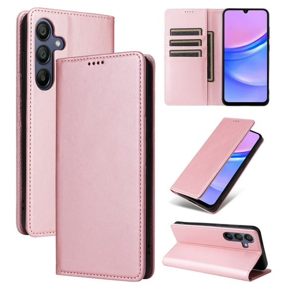 ELEHOLD Case for Samsung Galaxy A16 5G, RFID Blocking Wallet Phone Case, Shockproof Leather Cover with Kickstand, Magnetic Closure,Rosegold