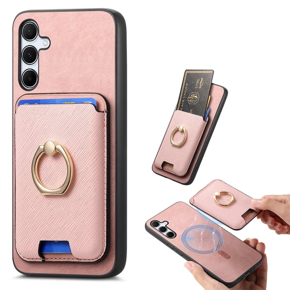 ELEHOLD Case for Samsung Galaxy A24 4G, Slim Magnetic Wallet Case with Ring Stand Credit Card Holder,Pink