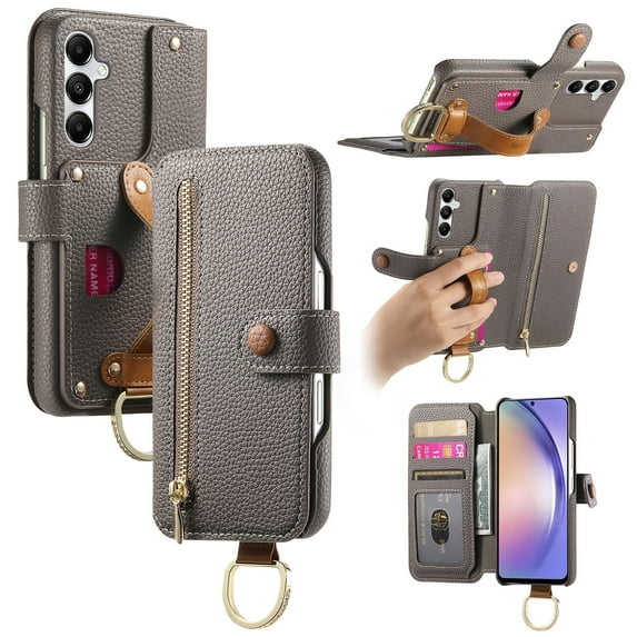 ELEHOLD Case for Samsung Galaxy A25 5G, RFID Blocking Zipper Leather Wallet Stand Case with Card Slot & Wrist Strap & Ring Holder,Gray