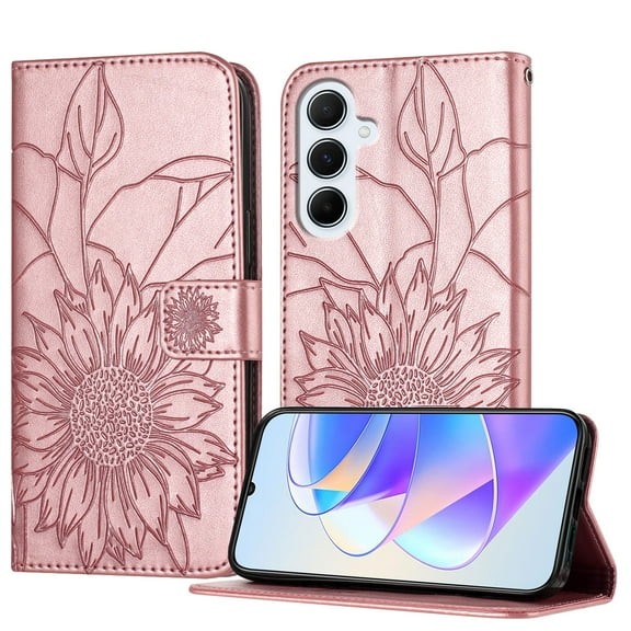 ELEHOLD Case for Samsung Galaxy A26 5G, Sunflower Embossed Leather Wallet Case with Magnetic Closure & Kickstand,Rosegold