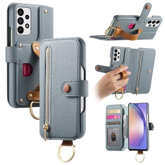 ELEHOLD Case for Samsung Galaxy A32 4G, RFID Blocking Zipper Leather Wallet Stand Case with Card Slot & Wrist Strap & Ring Holder,Blue