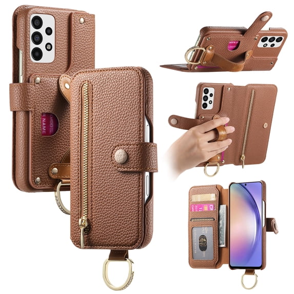 ELEHOLD Case for Samsung Galaxy A32 4G, RFID Blocking Zipper Leather Wallet Stand Case with Card Slot & Wrist Strap & Ring Holder,Brown