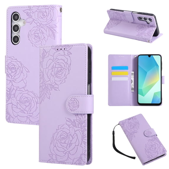 ELEHOLD Case for Samsung Galaxy A34 5G, Flower Embossed Flip Leather Wallet Phone Case with 3 Card Slots & Wrist Strap,Purple