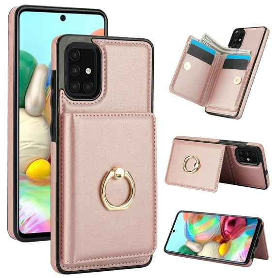 ELEHOLD Case for Samsung Galaxy A51 4G,Business PU Leather Stand Case with Card Holder & Ring Holder,Rosegold