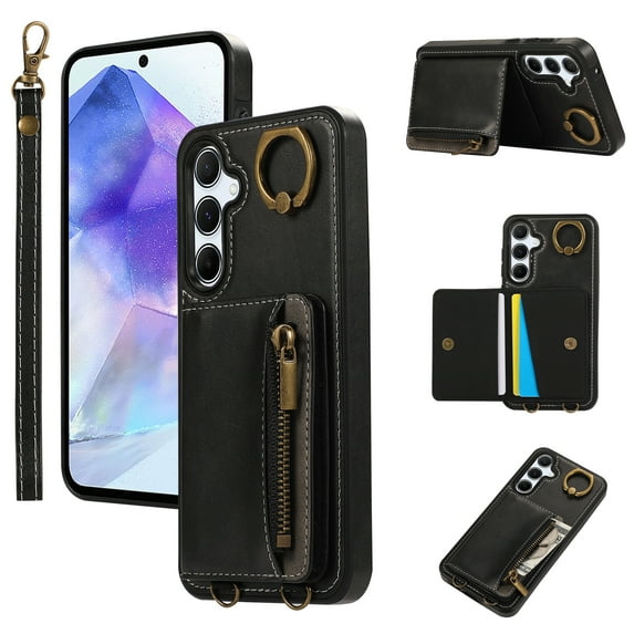 ELEHOLD Case for Samsung Galaxy A52, Zipper Leather Wallet Case with Card Holder Stand,Black
