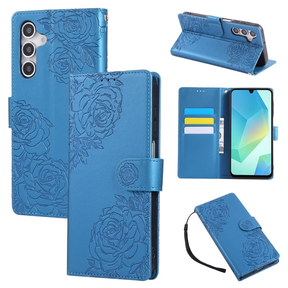 ELEHOLD Case for Samsung Galaxy A53 5G, Flower Embossed Flip Leather Wallet Phone Case with 3 Card Slots & Wrist Strap,Blue