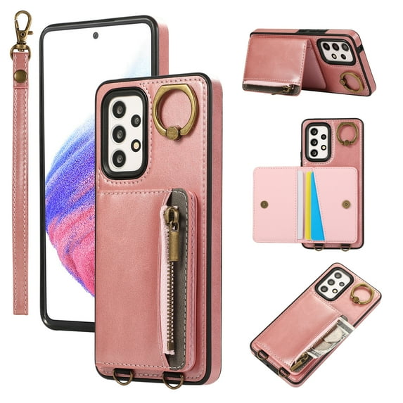 ELEHOLD Case for Samsung Galaxy A53 5G, Zipper Leather Wallet Case with Card Holder Stand,Pink