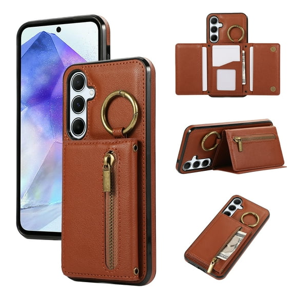 ELEHOLD Case for Samsung Galaxy A54 5G, Zipper Leather Wallet Crossbody Case with Detachable Ring Kickstand & Card SlotsCoffee