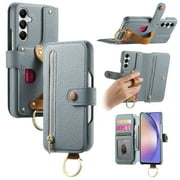 ELEHOLD Case for Samsung Galaxy A55, RFID Blocking Zipper Leather Wallet Stand Case with Card Slot & Wrist Strap & Ring Holder,Blue