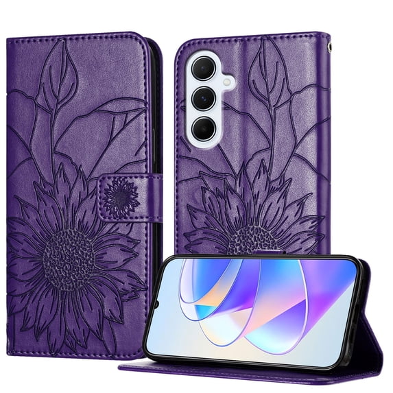 ELEHOLD Case for Samsung Galaxy A56 5G, Sunflower Embossed Leather Wallet Case with Magnetic Closure & Kickstand,Darkpurple
