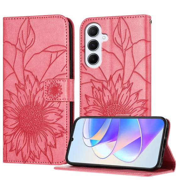 ELEHOLD Case for Samsung Galaxy A56 5G, Sunflower Embossed Leather Wallet Case with Magnetic Closure & Kickstand,Rose