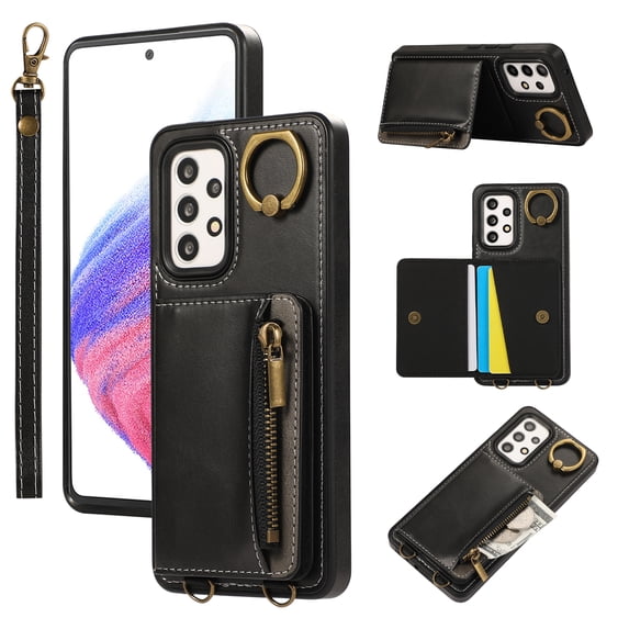 ELEHOLD Case for Samsung Galaxy A73 5G, Zipper Leather Wallet Case with Card Holder Stand,Black