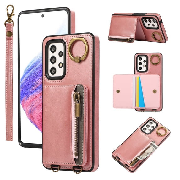 ELEHOLD Case for Samsung Galaxy A73 5G, Zipper Leather Wallet Case with Card Holder Stand,Pink