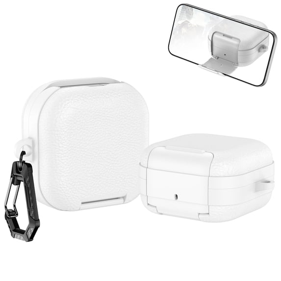 ELEHOLD Case for Samsung Galaxy Buds 4/4 Pro, Foldable Stand Bracket Premium Leather Shockproof Protective Case with Keychain , White