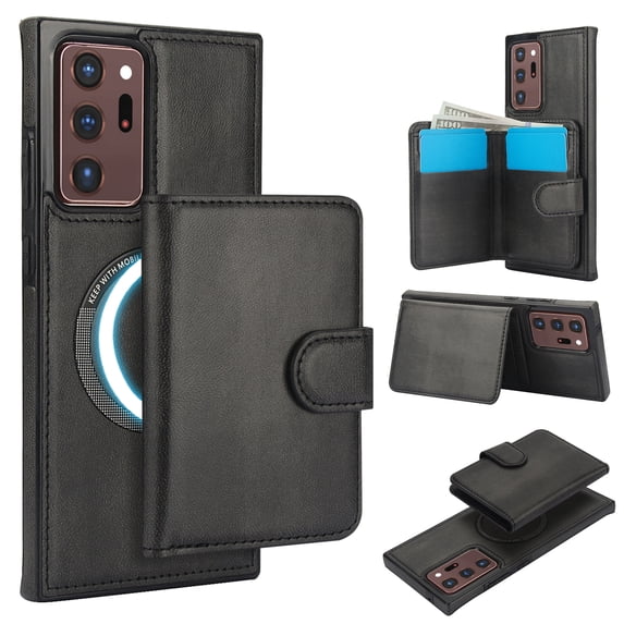 ELEHOLD Case for Samsung Galaxy Note 20 Ultra, 2-in-1 Magnetic Shockproof Leather Wallet Flip Case Cover, Detachable Card Holder with Stand,Black