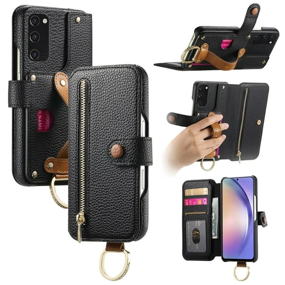 ELEHOLD Case for Samsung Galaxy S20 FE, RFID Blocking Zipper Leather Wallet Stand Case with Card Slot & Wrist Strap & Ring Holder,Black
