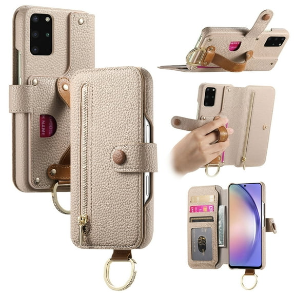 ELEHOLD Case for Samsung Galaxy S20+, RFID Blocking Zipper Leather Wallet Stand Case with Card Slot & Wrist Strap & Ring Holder,Khaki