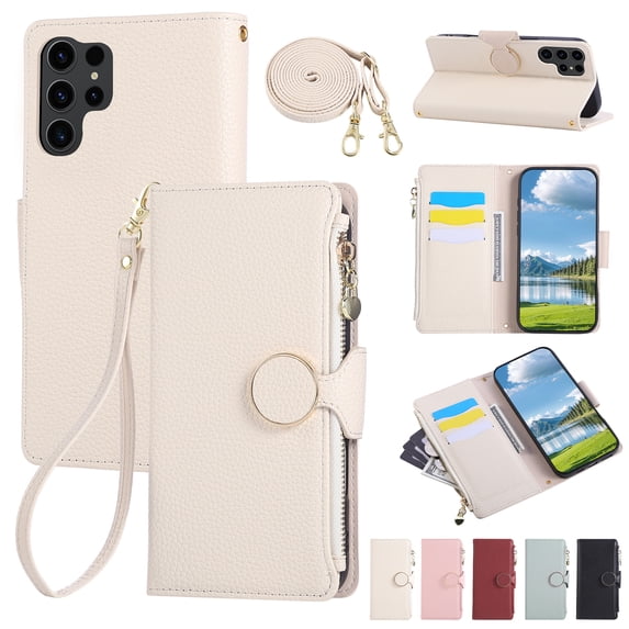 ELEHOLD Case for Samsung Galaxy S21, Crossbody Wallet Phone Case with Zipper Card Holder, Detachable Strap Folio PU Leather Cover with Stand,Beige