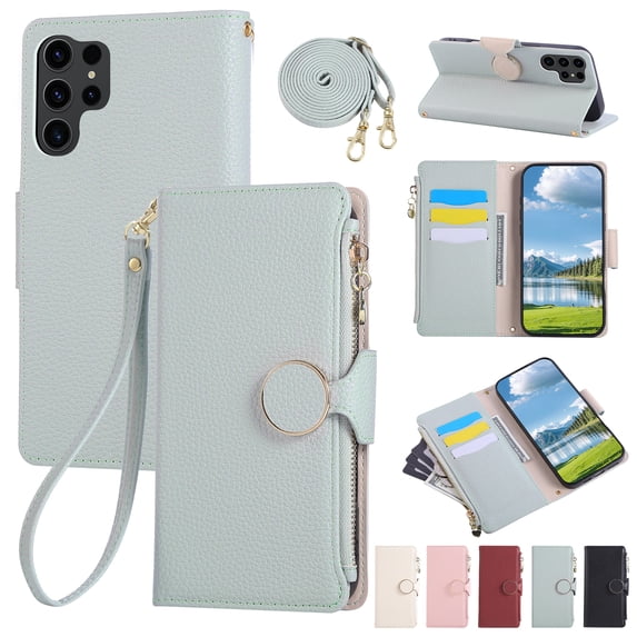 ELEHOLD Case for Samsung Galaxy S21, Crossbody Wallet Phone Case with Zipper Card Holder, Detachable Strap Folio PU Leather Cover with Stand,Cyan