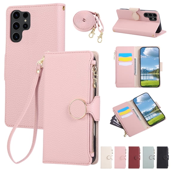 ELEHOLD Case for Samsung Galaxy S21, Crossbody Wallet Phone Case with Zipper Card Holder, Detachable Strap Folio PU Leather Cover with Stand,Pink