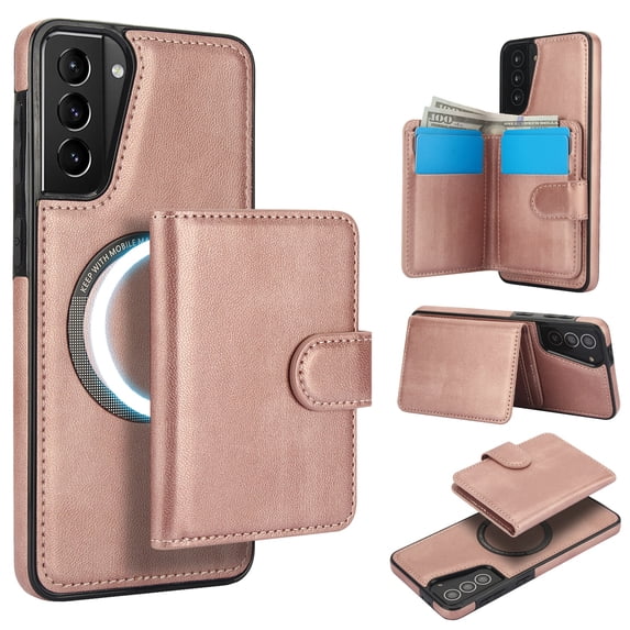 ELEHOLD Case for Samsung Galaxy S21 FE, 2-in-1 Magnetic Shockproof Leather Wallet Flip Case Cover, Detachable Card Holder with Stand,Rosegold