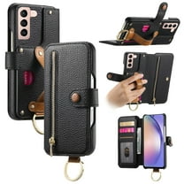 ELEHOLD Case for Samsung Galaxy S21 FE, RFID Blocking Zipper Leather Wallet Stand Case with Card Slot & Wrist Strap & Ring Holder,Black