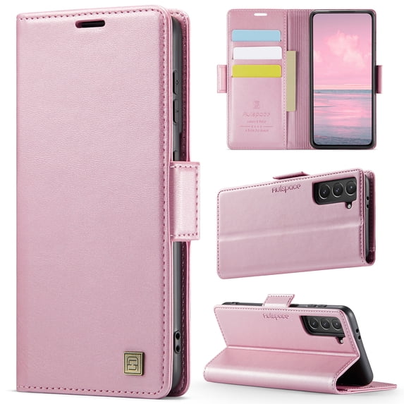 ELEHOLD Case for Samsung Galaxy S21, Luxury PU Leather Wallet RFID Blocking Case,Card Slots & Wireless Charging Compatible,Rosegold