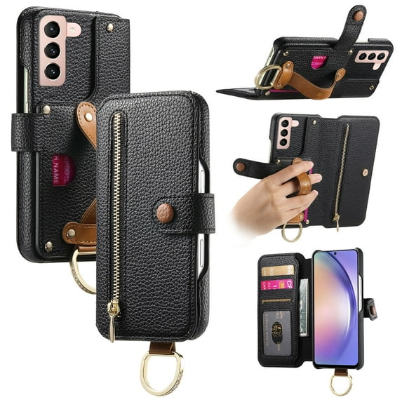 ELEHOLD Case for Samsung Galaxy S21+, RFID Blocking Zipper Leather Wallet Stand Case with Card Slot & Wrist Strap & Ring Holder,Black