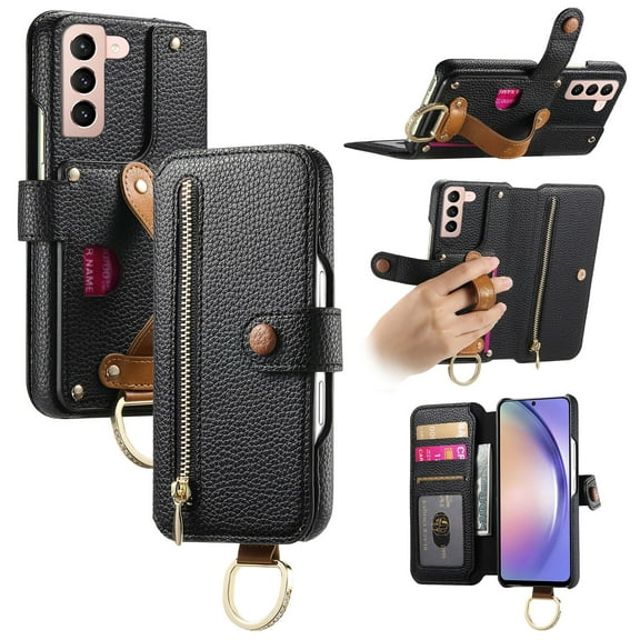 ELEHOLD Case for Samsung Galaxy S21+, RFID Blocking Zipper Leather Wallet Stand Case with Card Slot & Wrist Strap & Ring Holder,Black