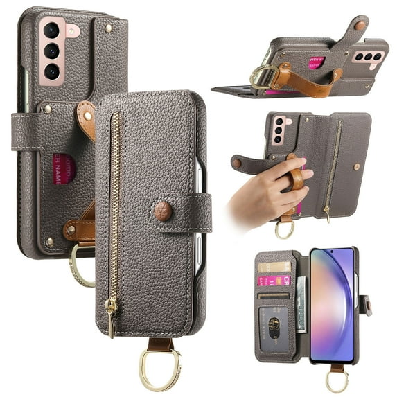 ELEHOLD Case for Samsung Galaxy S21+, RFID Blocking Zipper Leather Wallet Stand Case with Card Slot & Wrist Strap & Ring Holder,Gray