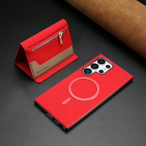 ELEHOLD Case for Samsung Galaxy S22, 2-in-1 Detachable Magnetic Zipper Leather Wallet Case with Card Holder, RFID Blocking Folio Flip Cover,Red