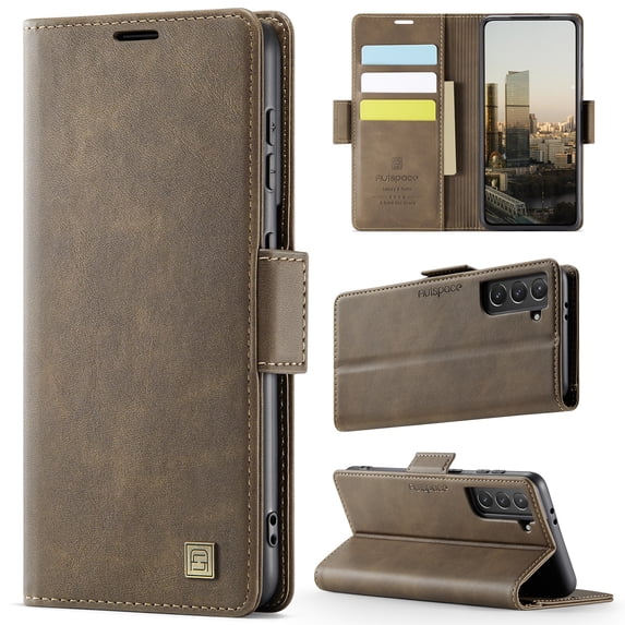 ELEHOLD Case for Samsung Galaxy S22, Luxury PU Leather Wallet RFID Blocking Case,Card Slots & Wireless Charging Compatible,Coffee