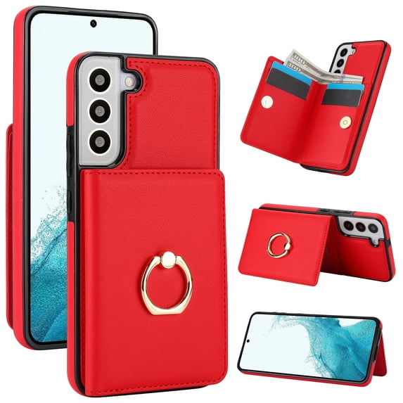 ELEHOLD Case for Samsung Galaxy S22 Plus,Business PU Leather Stand Case with Card Holder & Ring Holder,Red