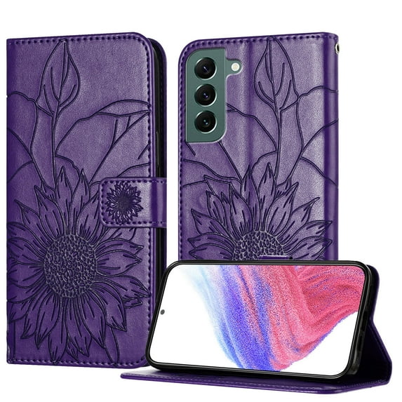 ELEHOLD Case for Samsung Galaxy S22 Plus, Sunflower Embossed Leather Wallet Case with Magnetic Closure & Kickstand,Darkpurple