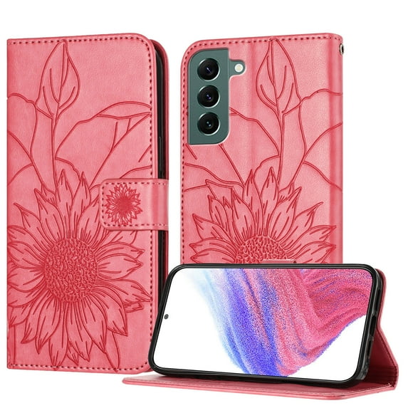 ELEHOLD Case for Samsung Galaxy S22 Plus, Sunflower Embossed Leather Wallet Case with Magnetic Closure & Kickstand,Rose