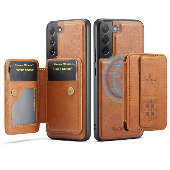 ELEHOLD Case for Samsung Galaxy S22, Shockproof Magnetic Leather Wallet Case with Hand Grip & Kickstand & RFID Blocking,Brown