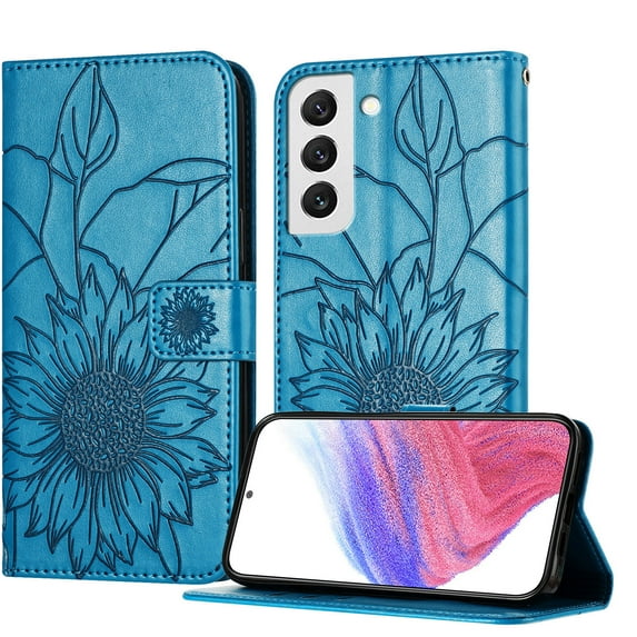 ELEHOLD Case for Samsung Galaxy S22, Sunflower Embossed Leather Wallet Case with Magnetic Closure & Kickstand,Blue