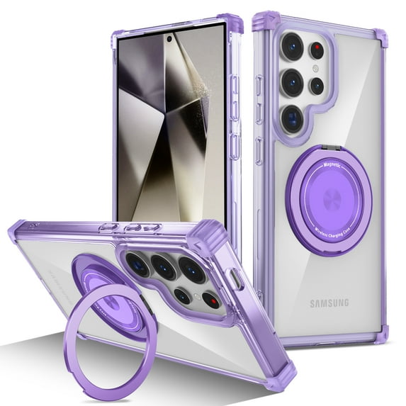 ELEHOLD Case for Samsung Galaxy S22 Ultra, Military Grade Shockproof Clear Case with 360 Rotatable Magnetic Stand Ring Holder,Purple