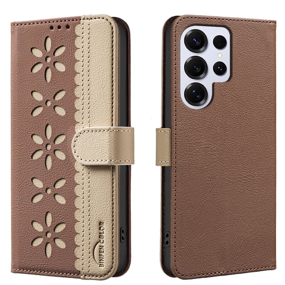 ELEHOLD Case for Samsung Galaxy S22 Ultra, RFID Blocking Wallet Phone Case with Kickstand, Flip Leather Cover with Card Slots,Brown