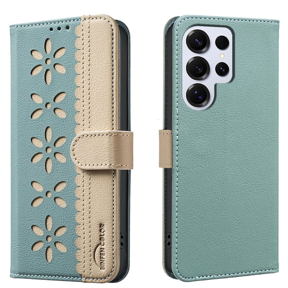 ELEHOLD Case for Samsung Galaxy S22 Ultra, RFID Blocking Wallet Phone Case with Kickstand, Flip Leather Cover with Card Slots,Green