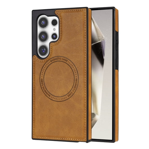 ELEHOLD Case for Samsung Galaxy S22 Ultra, Shockproof Slim Magnetic Leather Case, Compatible with MagSafe Accessories,Brown