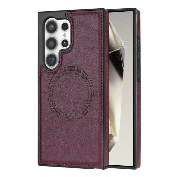 ELEHOLD Case for Samsung Galaxy S22 Ultra, Shockproof Slim Magnetic Leather Case, Compatible with MagSafe Accessories,Winered