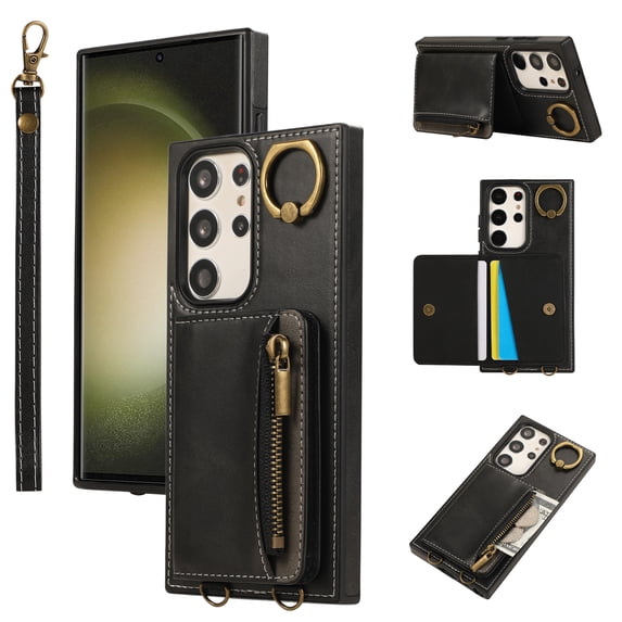 ELEHOLD Case for Samsung Galaxy S22 Ultra, Zipper Leather Wallet Case with Card Holder Stand,Black