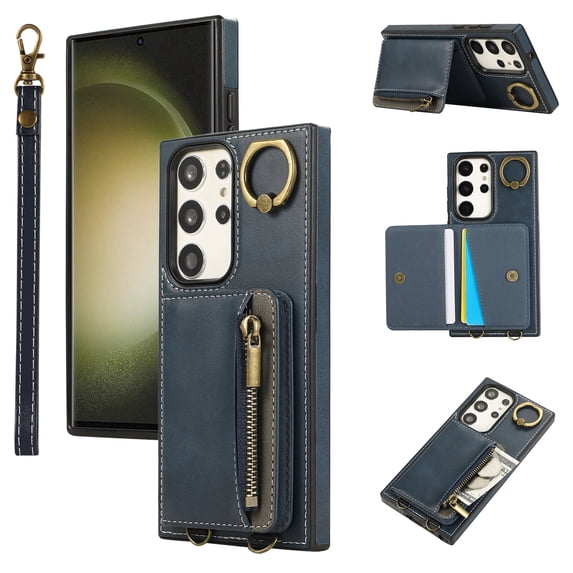 ELEHOLD Case for Samsung Galaxy S22 Ultra, Zipper Leather Wallet Case with Card Holder Stand,Blue