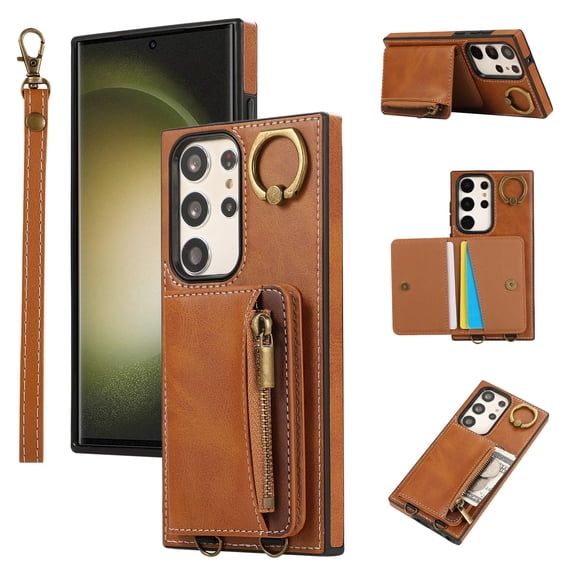 ELEHOLD Case for Samsung Galaxy S22 Ultra, Zipper Leather Wallet Case with Card Holder Stand,Brown